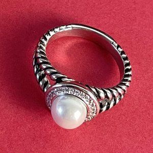Size 6 Albion® Pearl Ring in Sterling Silver with Pavé Diamonds